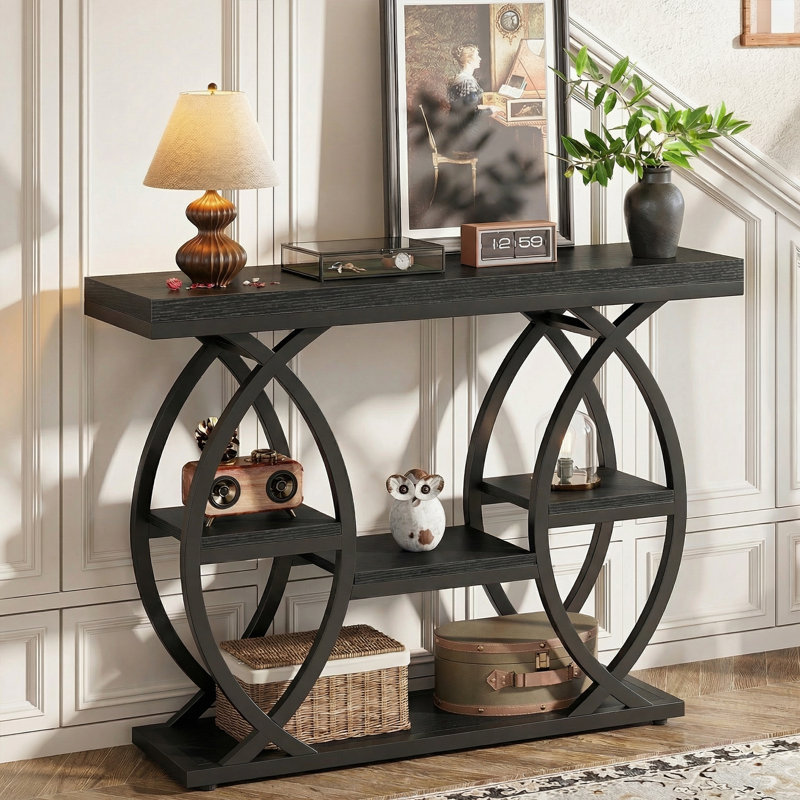 Shirlene 39.4" W 4-Tier Console Table, Black, Black