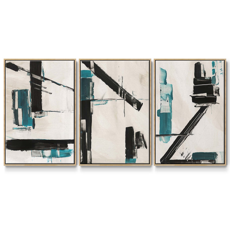 Ensemble de 3 pièces encadrées sur toile "Geometric Notes II", Bois naturel, H 36 po x l 72 po