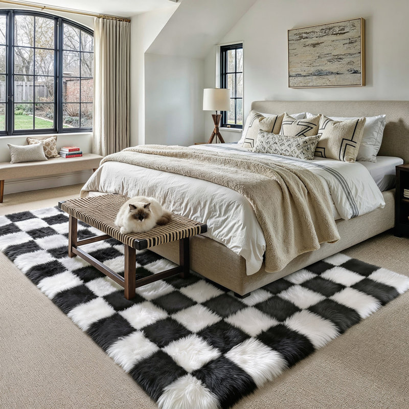 Geometric and Chequered Shaggy Washable Area Rug, Rectangle 183 x 274 cm