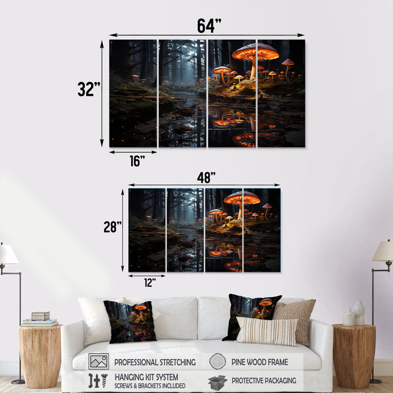 «Muschroom Dreamscape Forest III - Fantasy», art mural sur toile 4 pièces, H 32 po x l 64 po