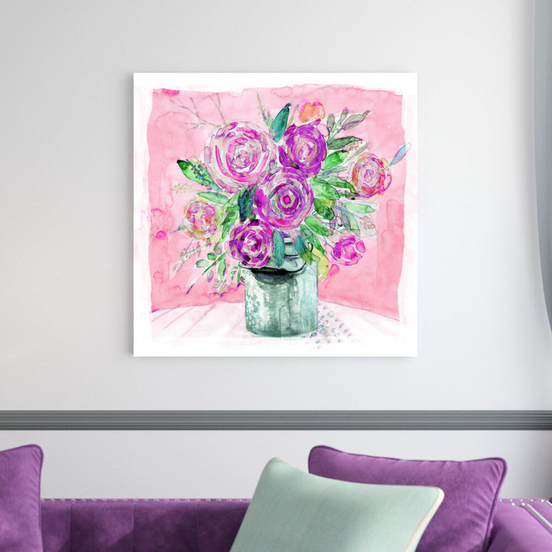 Watercolor Blooms In Bucket - Reproduction d'art sur toile tendue, H 30 po x l 30 po