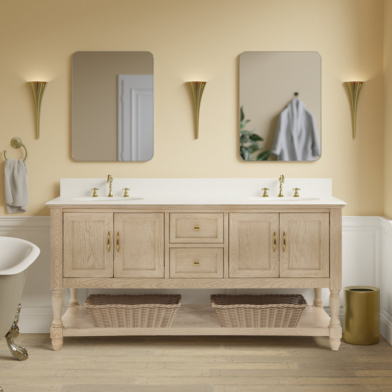 Hampton 72" Double Bathroom Vanity Set, Engineered White, Greige Oak