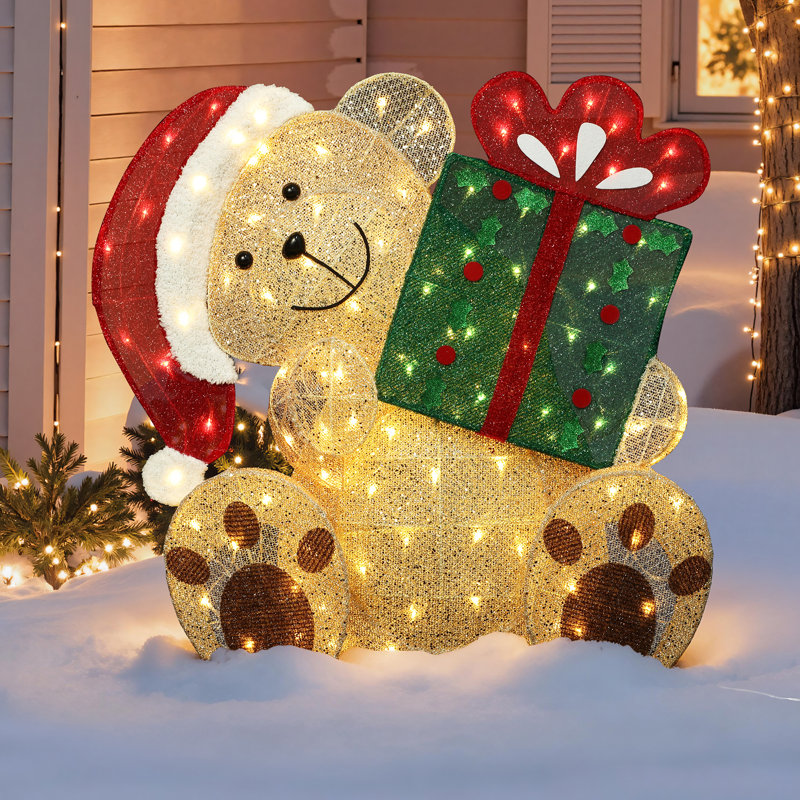 Ours en tissu pailleté 3D pré-illuminé de 80 cm (2,6 pi) tenant une boîte-cadeau - Décoration de Noël
