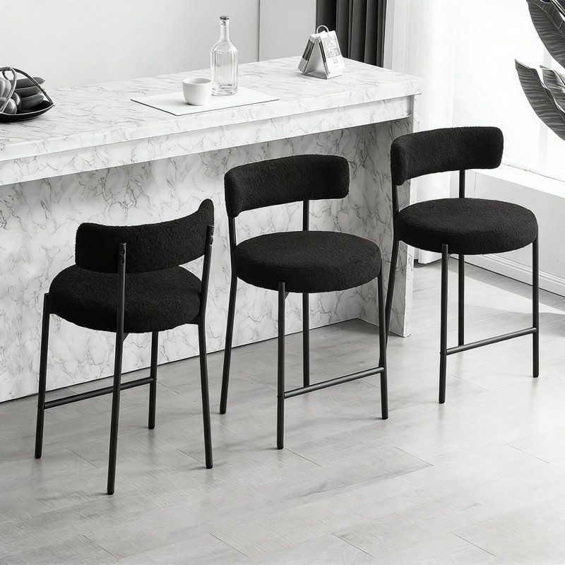 25" Upholstered Modern Counter Height Bar Stools with Curved Back and Metal Frame, Black Faux Fur