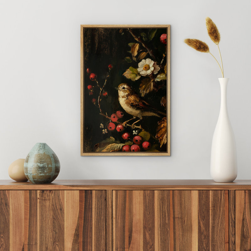«Dark Moody Tunes», oiseau sur la branche de fruits, impression sur toile encadrée, Naturel, H 24 po x l 16 po