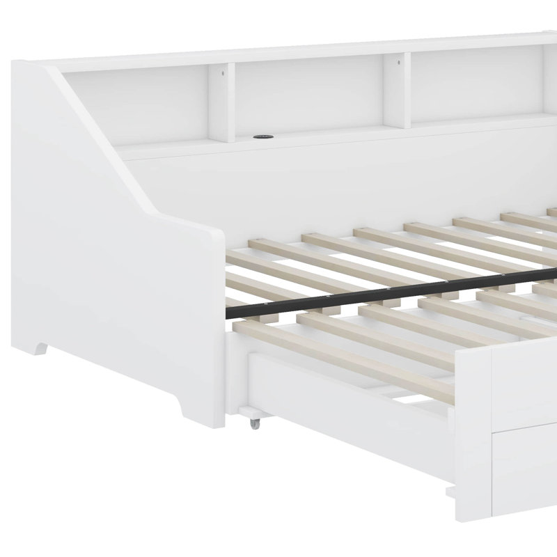 Carrol Twin to King Size Daybed Frame with Storage Bookcases, Two Drawers and Charging Design, White