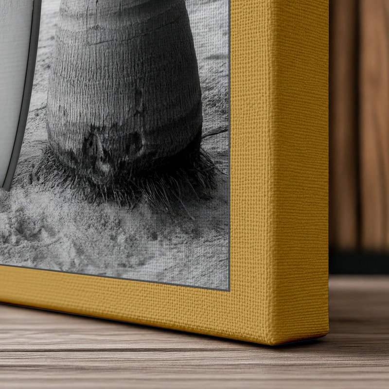Surfboard Between Palms Coastal - Wrapped Canvas, 24x16 - 61.0 x 40.6 cm, Ochre Border