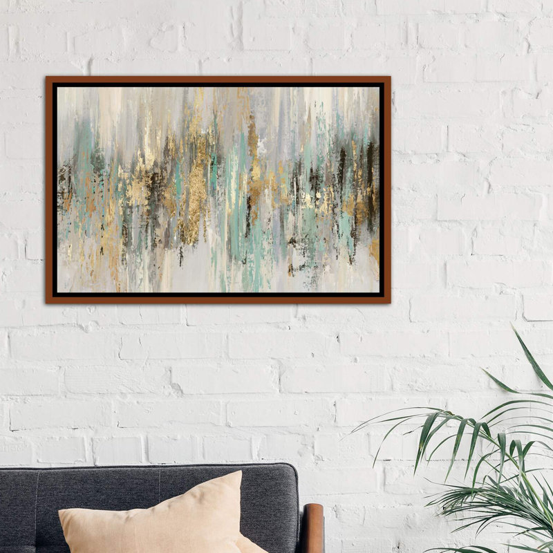 «Dripping Gold I» par Tom Reeves - reproduction imprimée, H 40 po x l 60 po, Toile avec cadre photo, Bois classique
