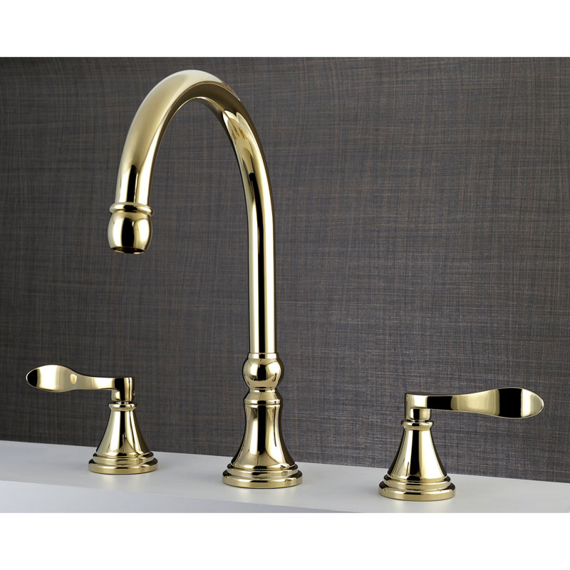 Robinet de baignoire romaine à 3 poignées et 3 poignées à fixation sur le comptoir Kingston Brass NuFrench, Laiton poli