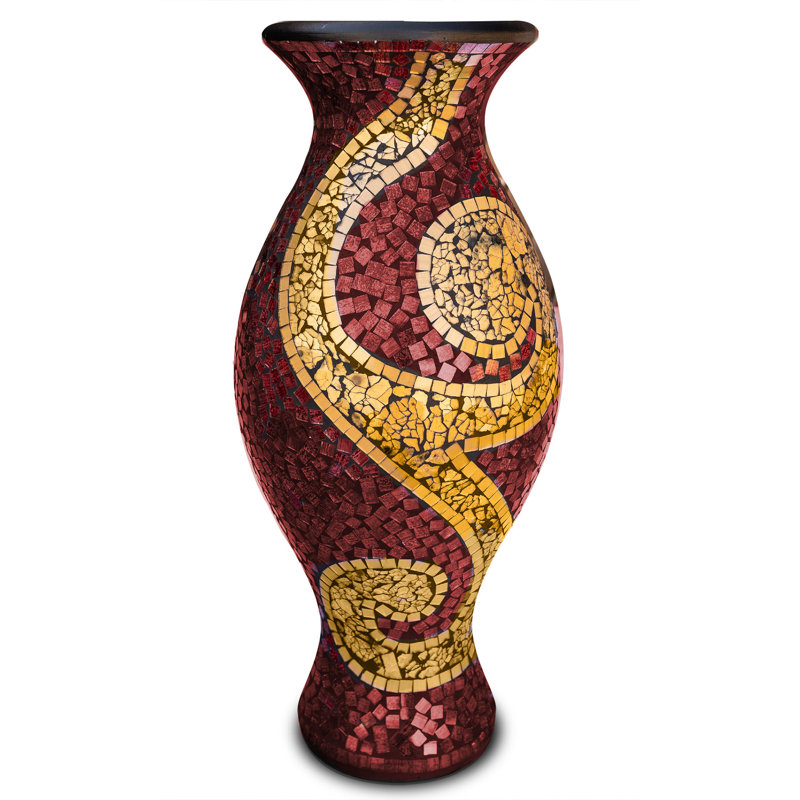 Lorne Floor Vase, 24 Inch Mosaic Vase – Tall Cylinder Made of Terracotta with Ruby Red and Gold Glass Mosaic Pieces – Handcrafted Decorative Home Décor Accent Piece for Bedroom, Living Room, Office