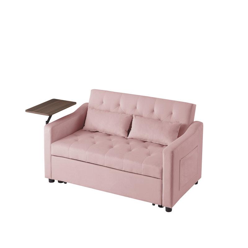 Multifunctional Sofa Bed with Swivel Side Table, Pink Velvet