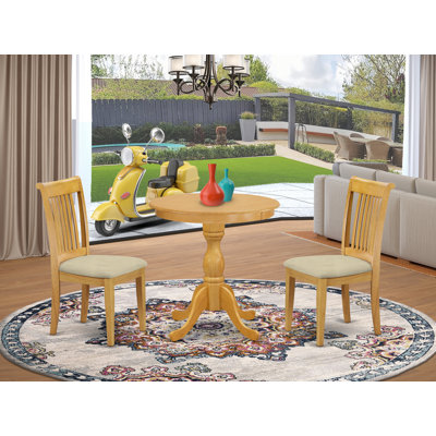  3 Piece Modern Dining Table Set Contains a Round Wooden Table with Pedestal and 2 Linen Fabric Kitchen Dining Chairs, 30x30 Inch, Oak