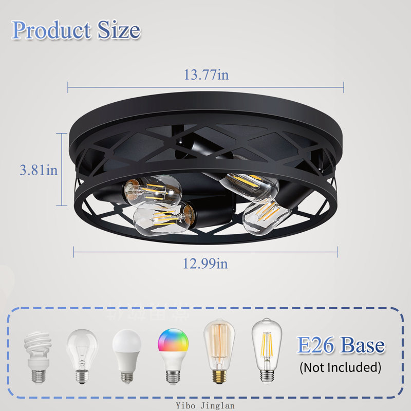 2-Pack 4-Light Matte Black Industrial Flush Mount Round Ceiling Light