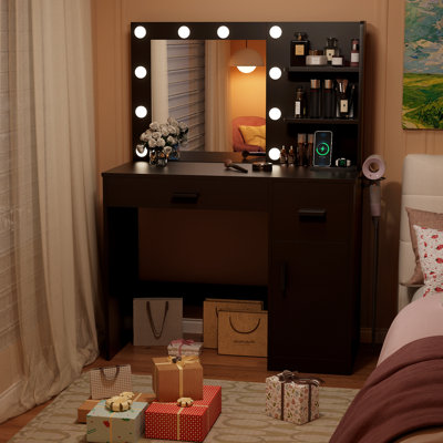 Vanity Table Set with Lights, Mirror & Storage, Makeup Vanity Desk with Power Outlet for Bedroom