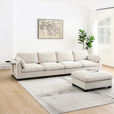 130" Sectional In L-shape Configuration, Equipped With Dual Charging, Folding Table, Storage Pockets, Moving , 2 Pillows, High Density Foam, 5 Seats, Chenille For Modern Living Areas L-shape,