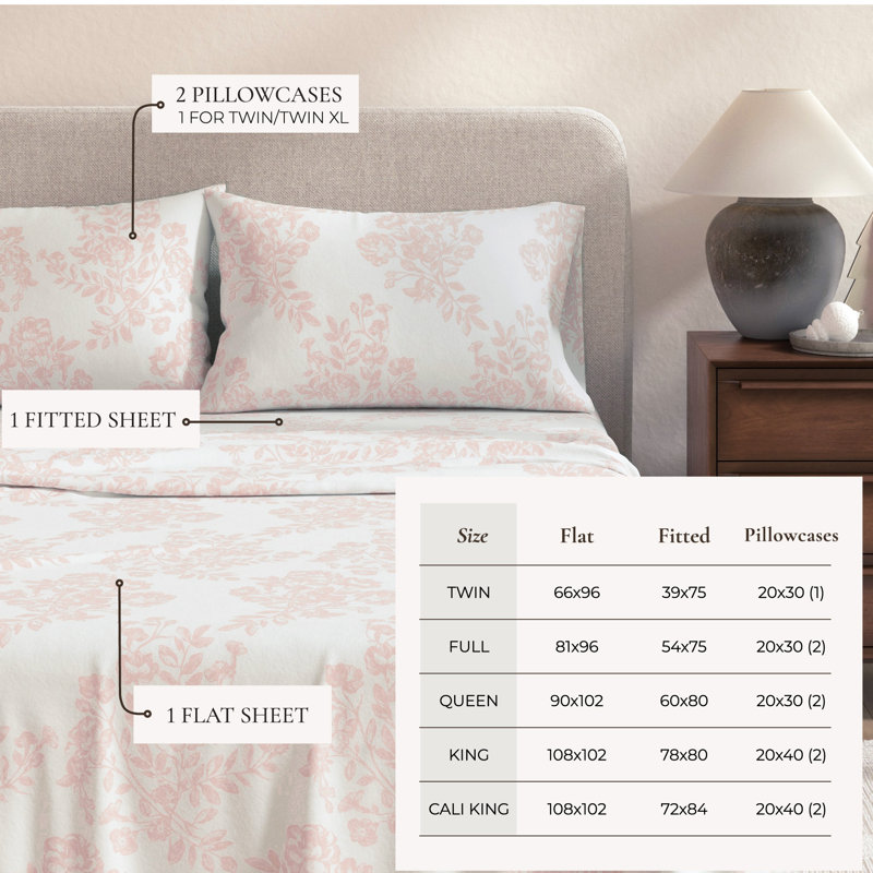 100% Turkish Cotton Flannel Solid & Plaid Sheet Sets, California King with 2 Pillowcases, Toile Blush Pink