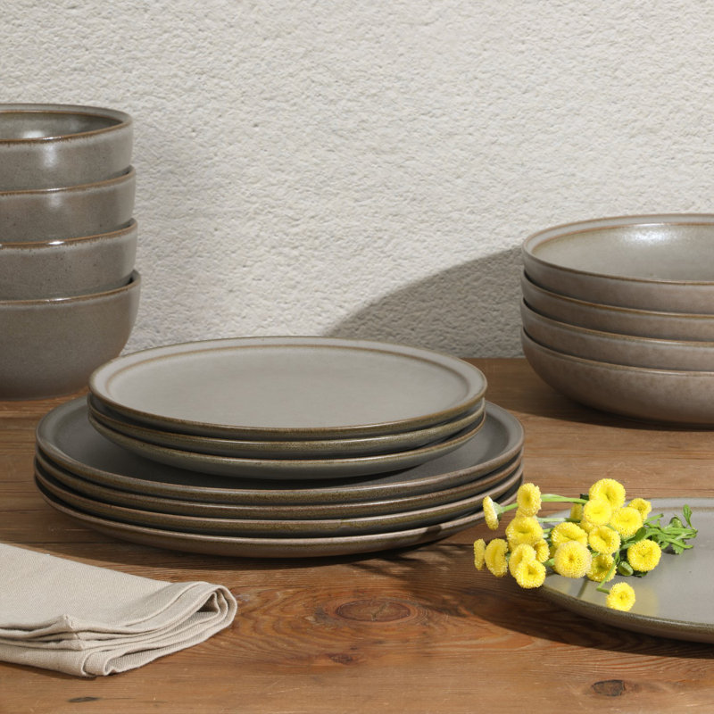 Gibson Elite Beckett Stoneware Matte Reactive Glaze 16 Piece Plates and Bowls Dinnerware Set - Grey, Gray