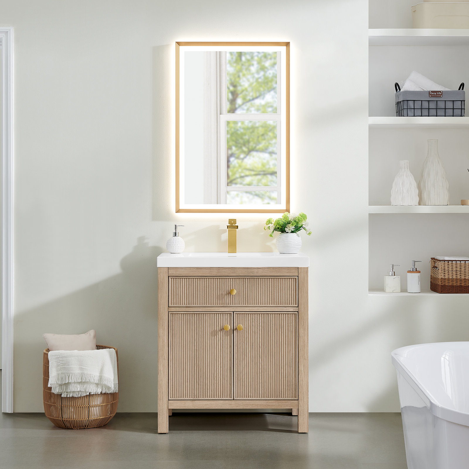 Mcpherson 30" Single Bathroom Vanity in Engineered Stone Integrated Sink with Mirror, Natural Oak