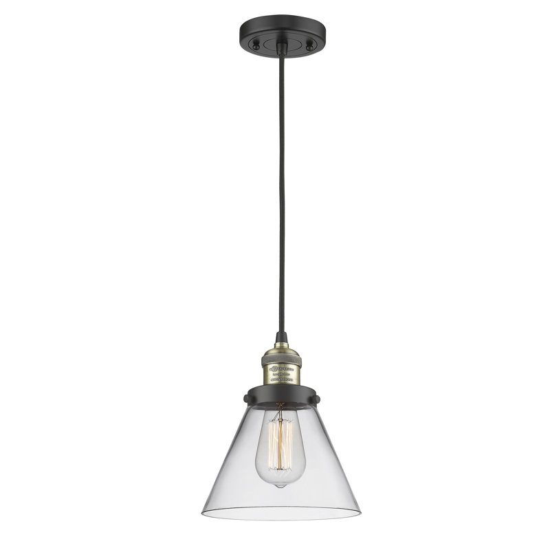 Luminaire suspendu 1 lumière à cône simple Wetzel, Transparent, Laiton antique noir, Ampoule non incluse