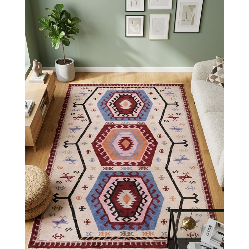 Tapis d'intérieur multicolore en soie et laine fait main, Rectangulaire 3 pi x 5 pi