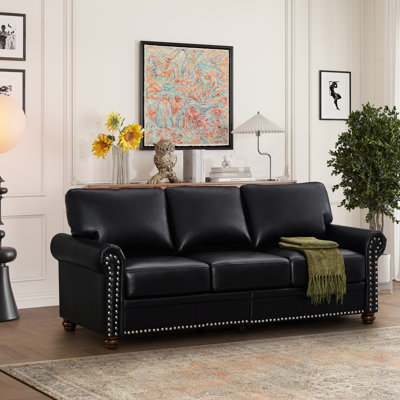 Black Faux Leather Living Room Couch , Solid Wood & Metal Build, Comfortable High Density Sponge Cushions, Nail Decoration, Storage Spaces, Easy Assembly Directions With Seating And Removable Boxes