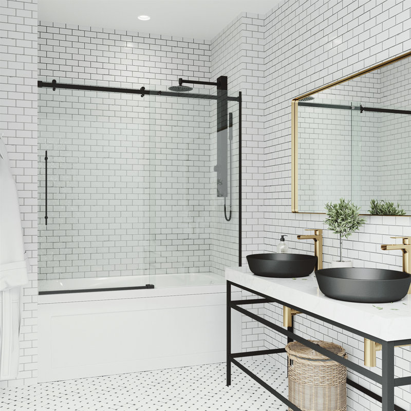 Luca 56-60" W x 58" H Sliding Frameless Tub Door with 3/8" Clear Glass, Matte Black