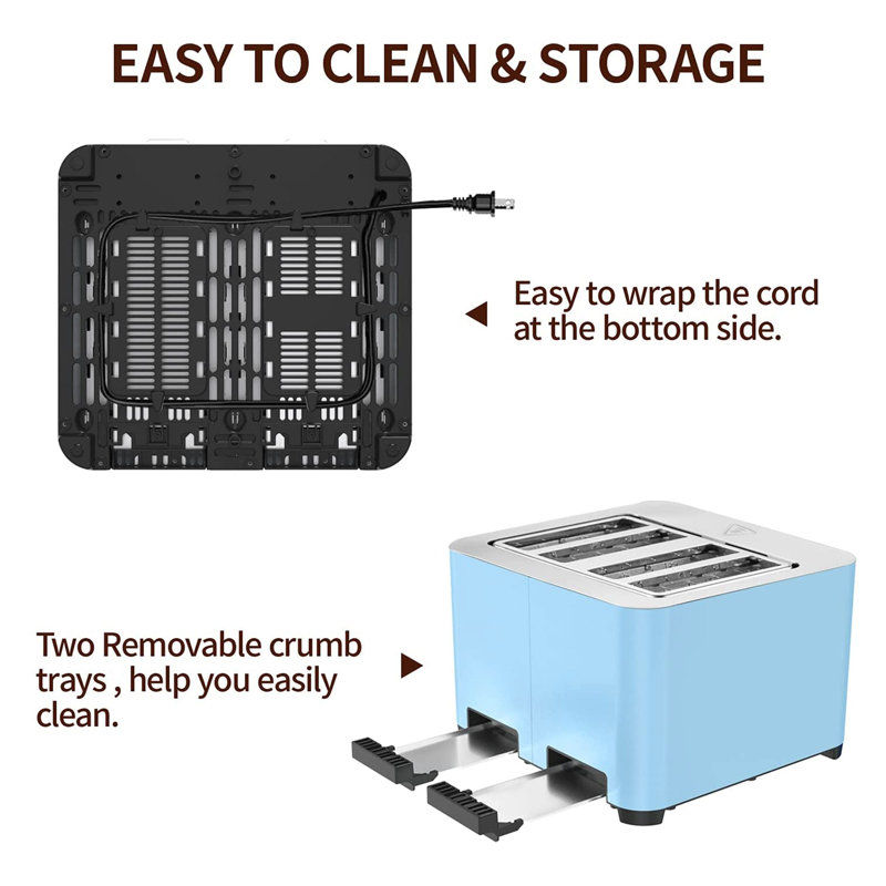BBday 4 Slice Stainless Steel Toaster with Extra Wide Slot and LCD Display, Blue