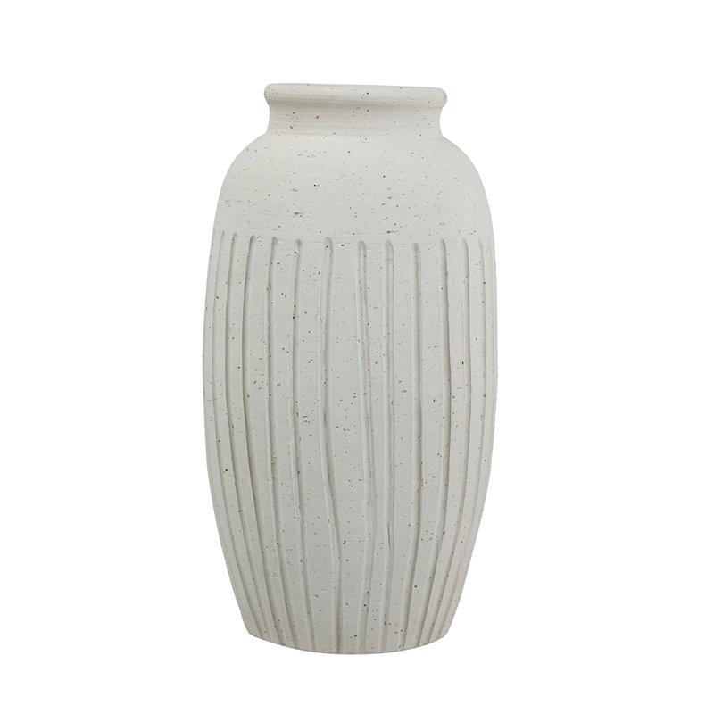 D7.5X15" Hand-Pulled Ceramic Vase With Ribbed Texture And Speckled White Finish