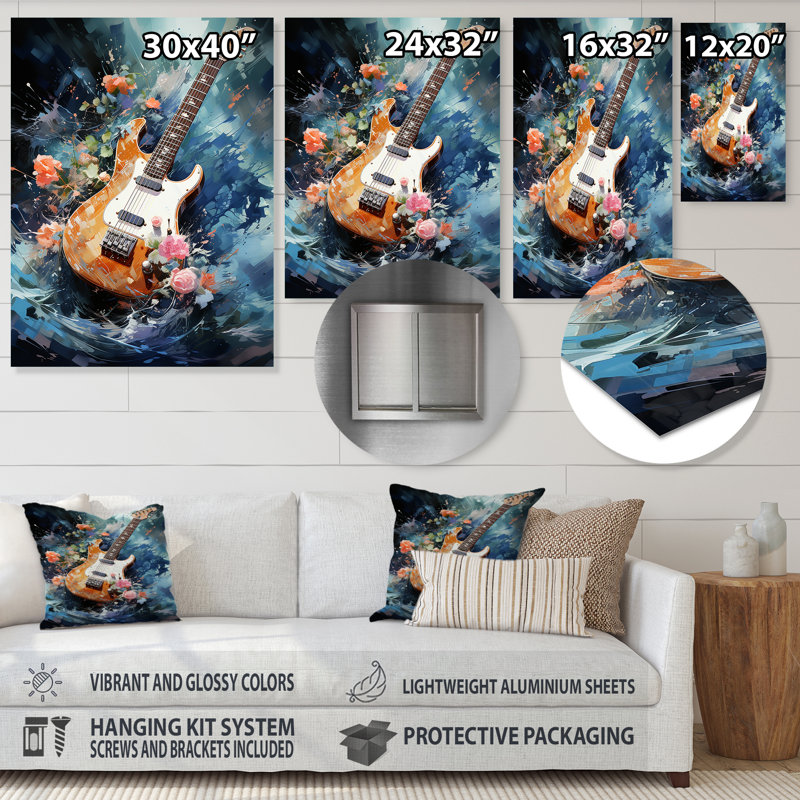 Océan, guitare, mélodie II - musique, art mural en métal, H 20 po x l 12 po x P 1 po