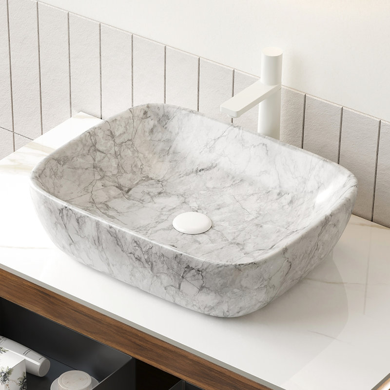 Lavabo de salle de bain 19 po en céramique avec motif en marbre blanc, sans armoire, gris pierre, fabrication, teinture - propriété, simple à gérer, profondeur 19,22 po, largeur 15,45 po, hauteur 5,37 po, grande durabilité,