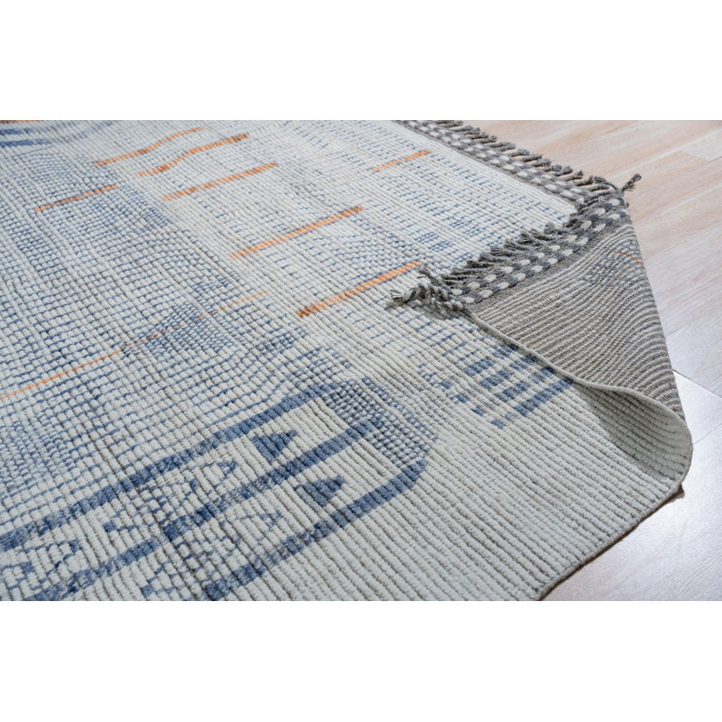 8x11 Ivory Hand-Knotted Wool Linear Maze Motif Tribal Modern Contemporary Carpet Rug