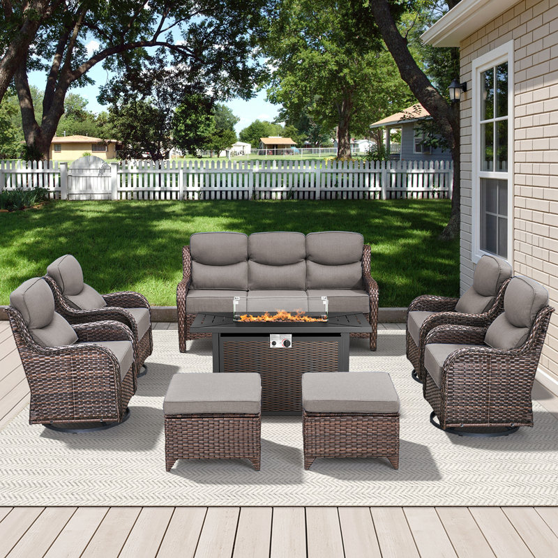7-9 Person Outdoor Wicker Family Party Conversation Set With Swivel Rockers And Fire Pit, Gray Cushion/Brown Frame