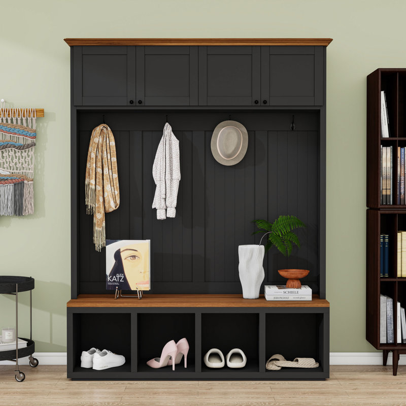 Hall Tree with Storage Bench, 4 Cabinets, 4 Open Compartments and 4 Hooks, Black