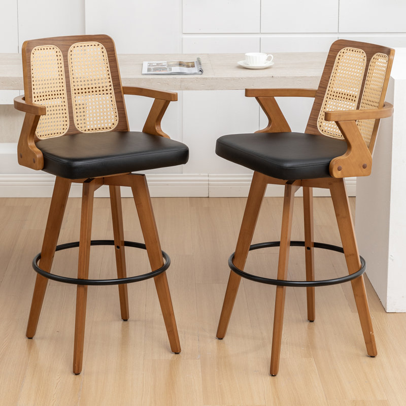 Modern Swivel Upholstered Cane Back Counter & Bar Stools, Black, Counter Stool (26” Seat Height)