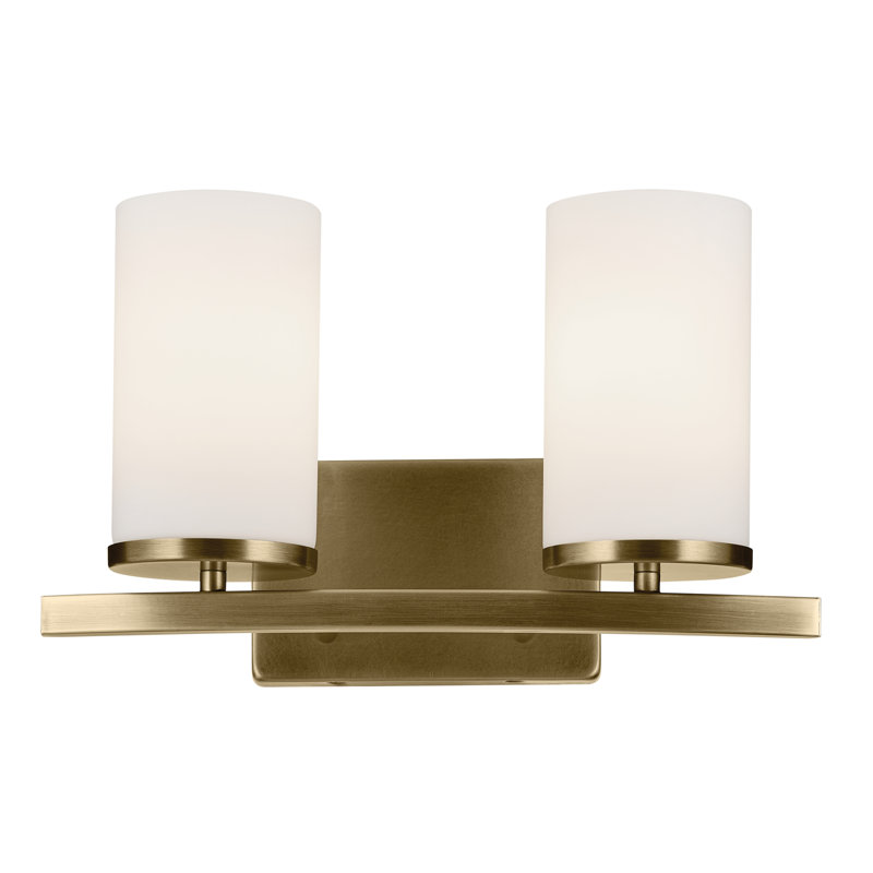 2-Light Natural Brass Bath Vanity Light with Satin Etched Glass Shades
