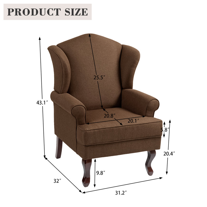 Fauteuil d'appoint à oreilles rembourré en lin brun avec accoudoirs roulés et pieds en bois massif Duward, Lin brun