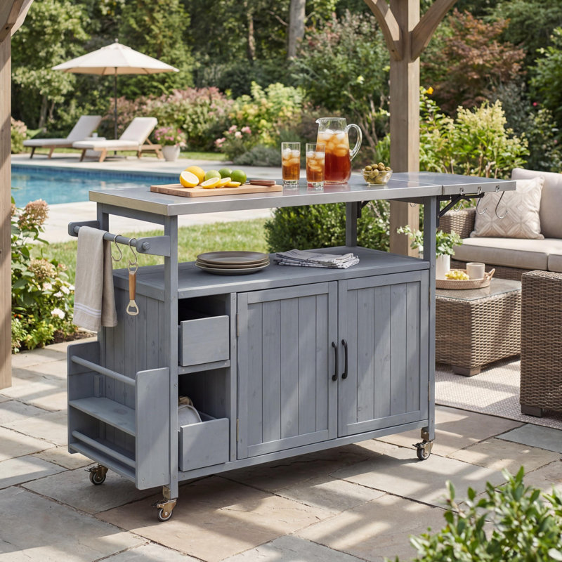 Rolling Stainless Steel Top Outdoor Kitchen Island With Spice Rack And Towel Rack, Gray