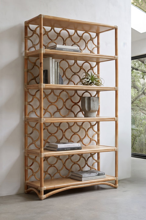 Tall five-tier bookcase crafted from natural rattan with an intricate woven lattice back design and light wood shelves, staged against a white wall with minimalist decor.