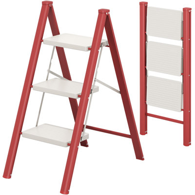 Échelle pliante à 3 marches, échelle portable légère avec pédales larges antidérapantes et verrou de sécurité, escabeau robuste (rouge)