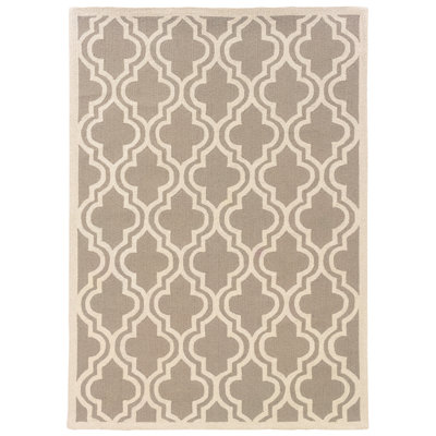 Tapis gris / ivoire géométrique en laine crocheté à la main