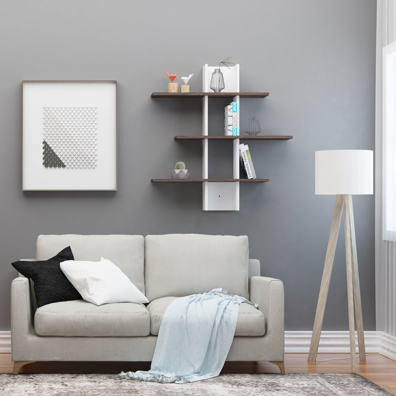 Tablette décorative 3 pièces avec tablettes réglables Abdalmalik, Blanc / wengé