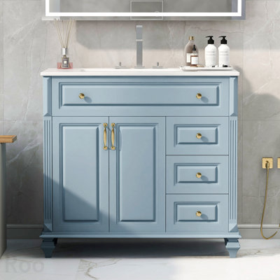 Rangement pour salle de bain - Meuble-lavabo de 36 po avec lavabo, armoire de salle de bain en bois massif bleu gris avec tiroir rabattable, 3 tiroirs et 2 portes, conception élégante avec poignées en métal doré
