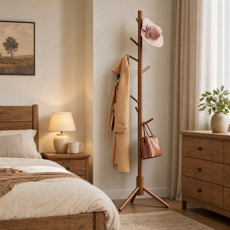 Adosinda Freestanding Coat Rack,Sturdy Wooden Coat Stand, 8- Hook Coat Rack,3 Height Options,Used in Bedroom,Hallway and Entryway,for Storing Coats, Hats,Bags,Umbrella Stand and Coat Hooks
