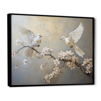 «White and Grey Birds Floral Serenity I», art mural oiseau