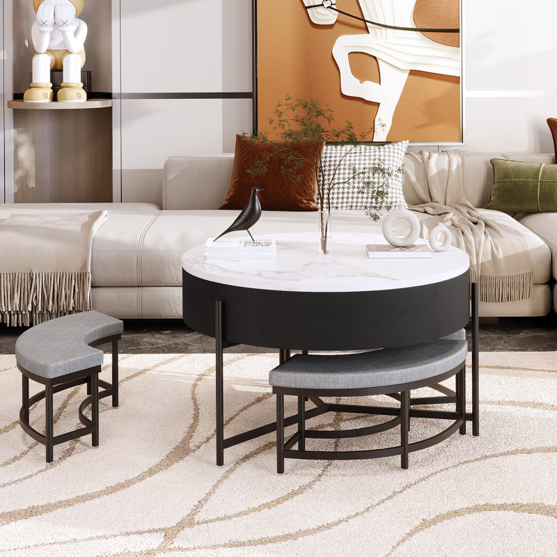 Table basse à plateau relevable moderne avec rangement et 3 repose-pieds blanc et noir, Noir, H 25 po x l 31,5 po x P 31,5 po