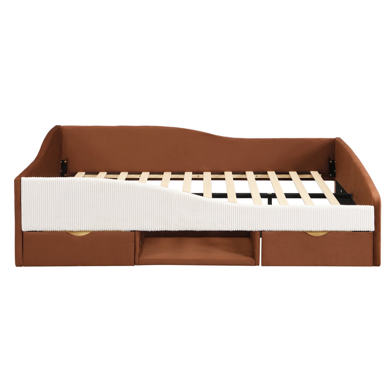 Structure de lit de jour rembourrée avec 2 tiroirs de rangement, Brown, Full / Double