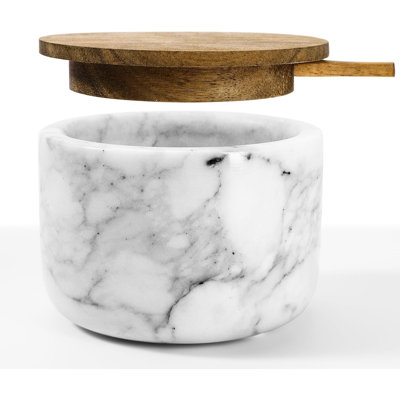 White Marble Condiment Pot with Acacia Wood Lid Built-in Spoon Non-Slip Base 6.5oz Spice Storage Jar