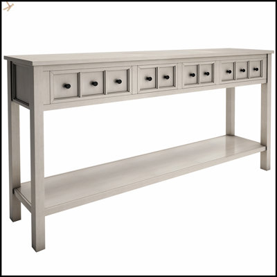 Rustic Entryway Console Table With Two Different Size Drawers And Bottom Shelf For Storage, Gray Wash Finish, Space-Saving And Stylish
