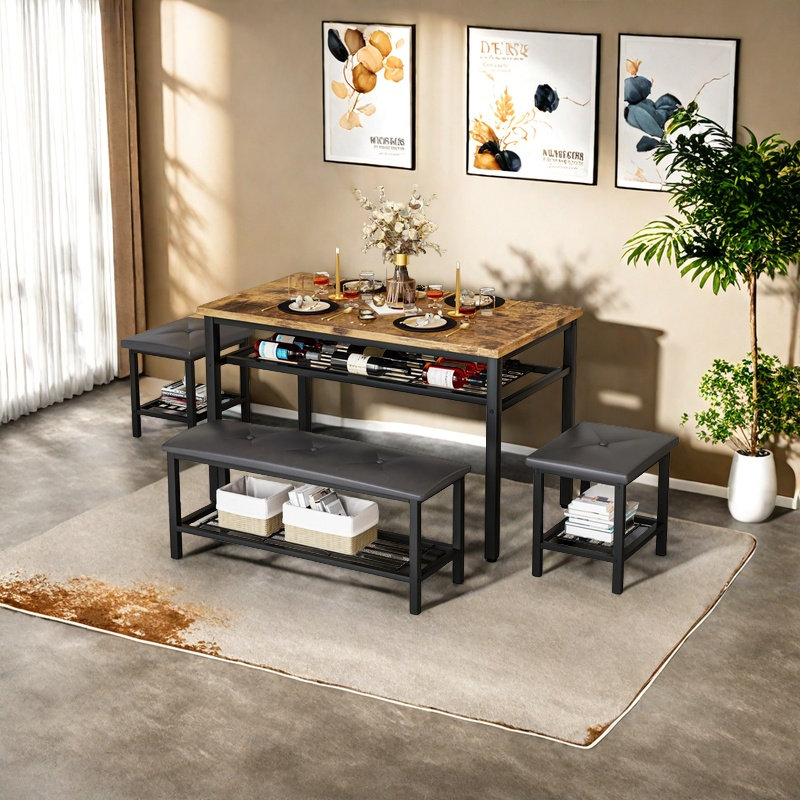 Table de salle à manger industrielle 4 pièces avec banc et tabourets, ensemble de table de salle à manger pour 4 personnes avec structure en métal et tablette de rangement pour la salle à manger, coin repas, petit espace