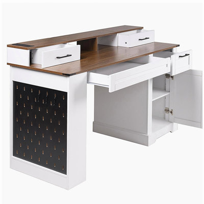 Bureau de ferme 55 po avec armoire de rangement et station de charge, bureau d'écriture de conception de porte de grange avec plateau pour clavier, support pour moniteur et panneau perforé pour bureau, salon, bureau personnel, blanc